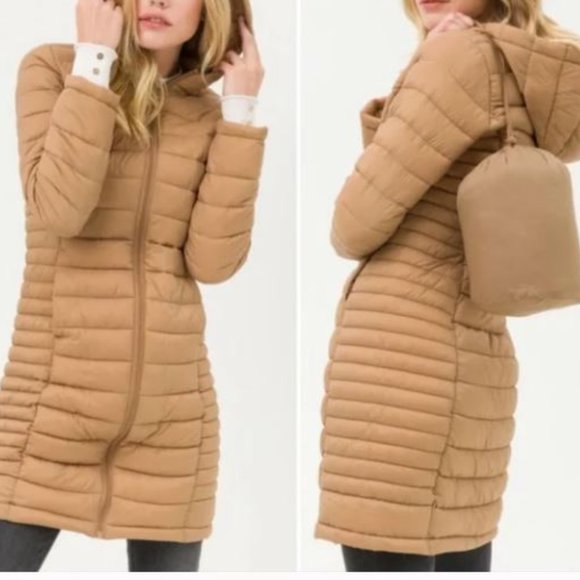 Love Tree Jackets & Blazers - Love Tree Tan Brown Packable Long Jacket Hood Size Medium Zip Front Puffer Coat